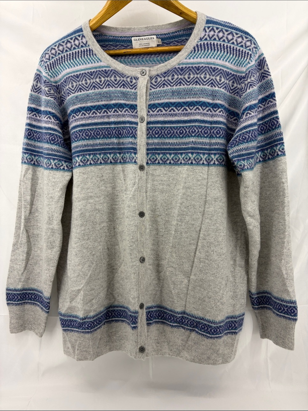 Gleneagles of Scotland Womems 100% Cashmere Alpine Fair Isle Cardigan Sweater, L